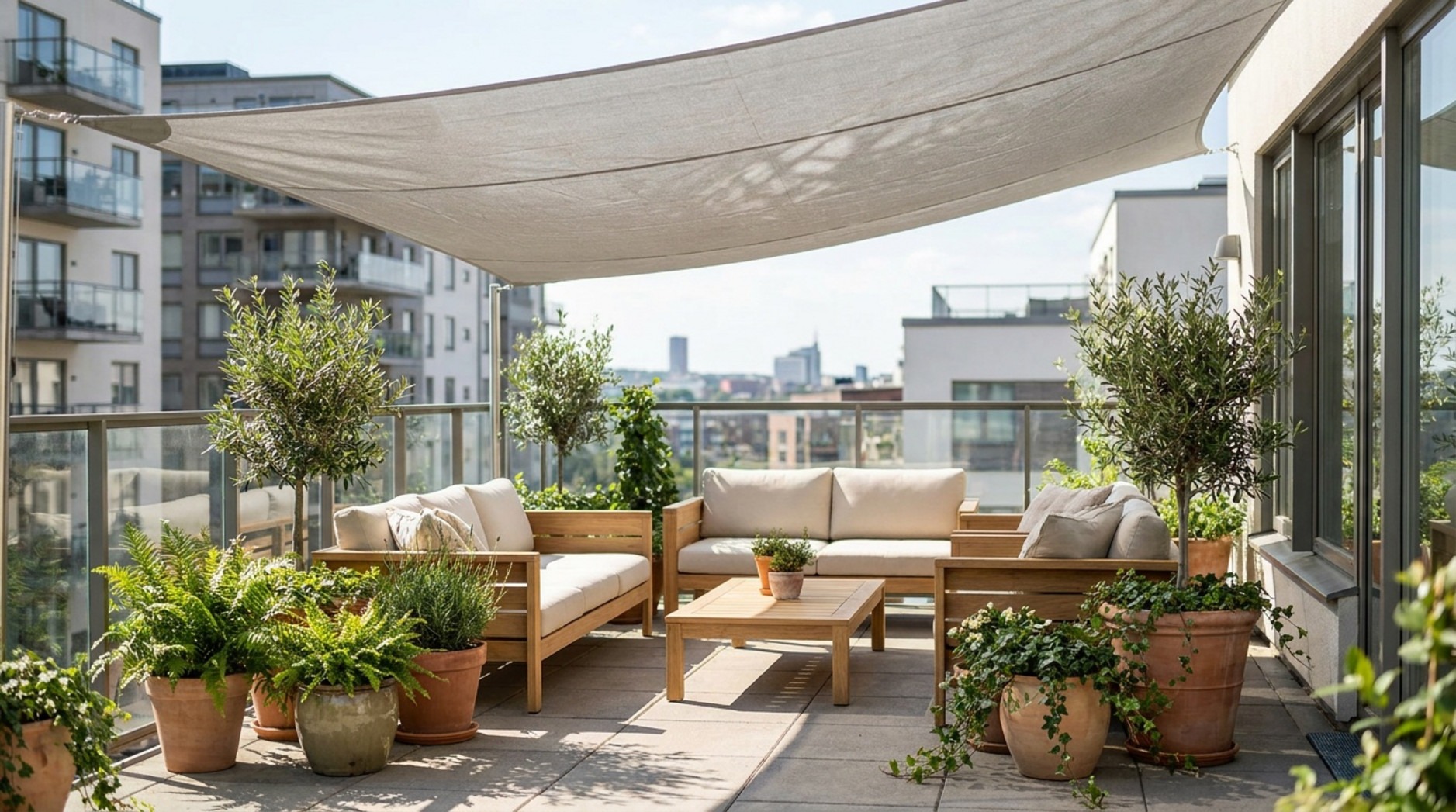 Eine moderne Dachterrasse mit bequemen Holzmöbeln und vielen Pflanzen, die von einem großen Sonnensegel beschattet wird.