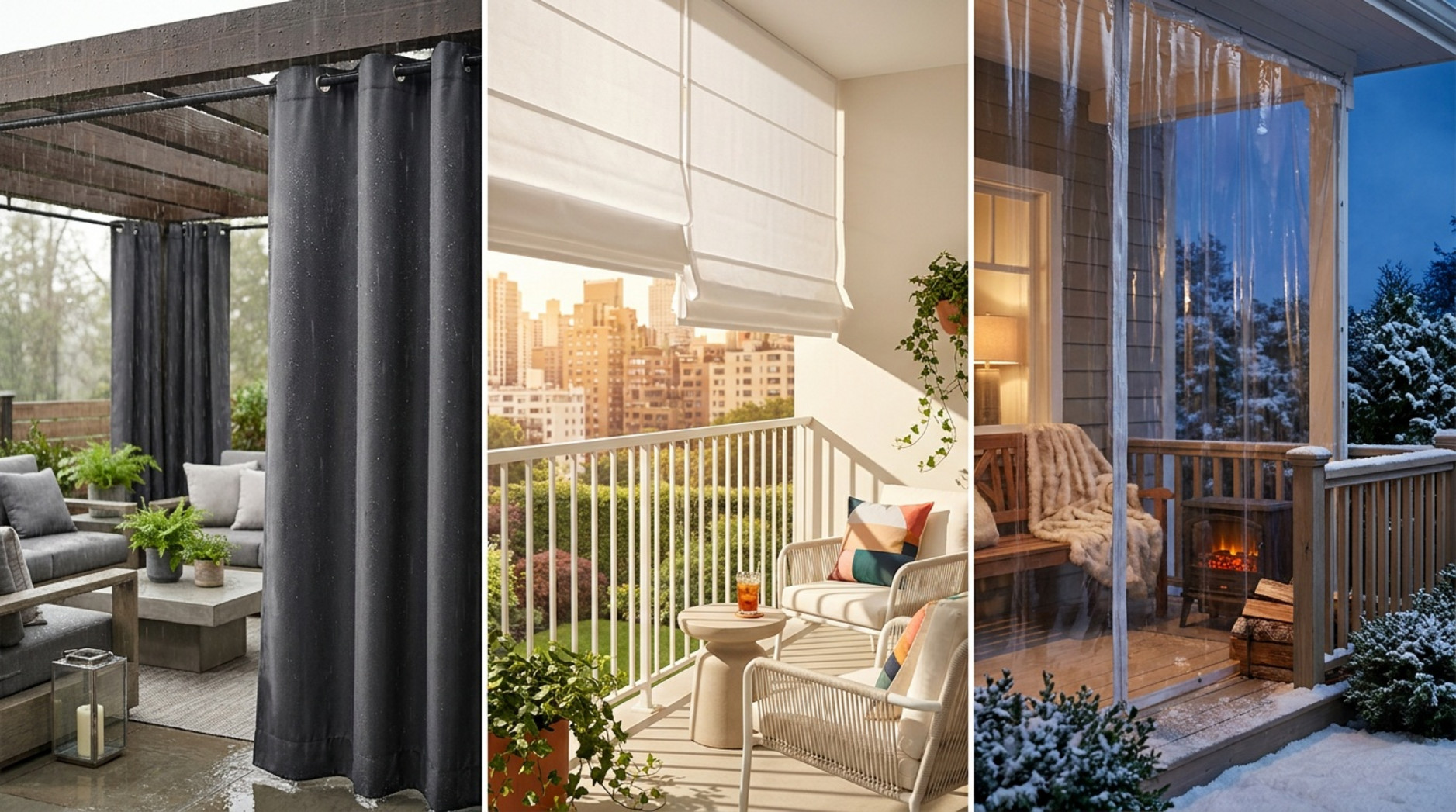 Tres terrazas protegidas con cortinas impermeables, estores y paneles transparentes para distintas condiciones climáticas.