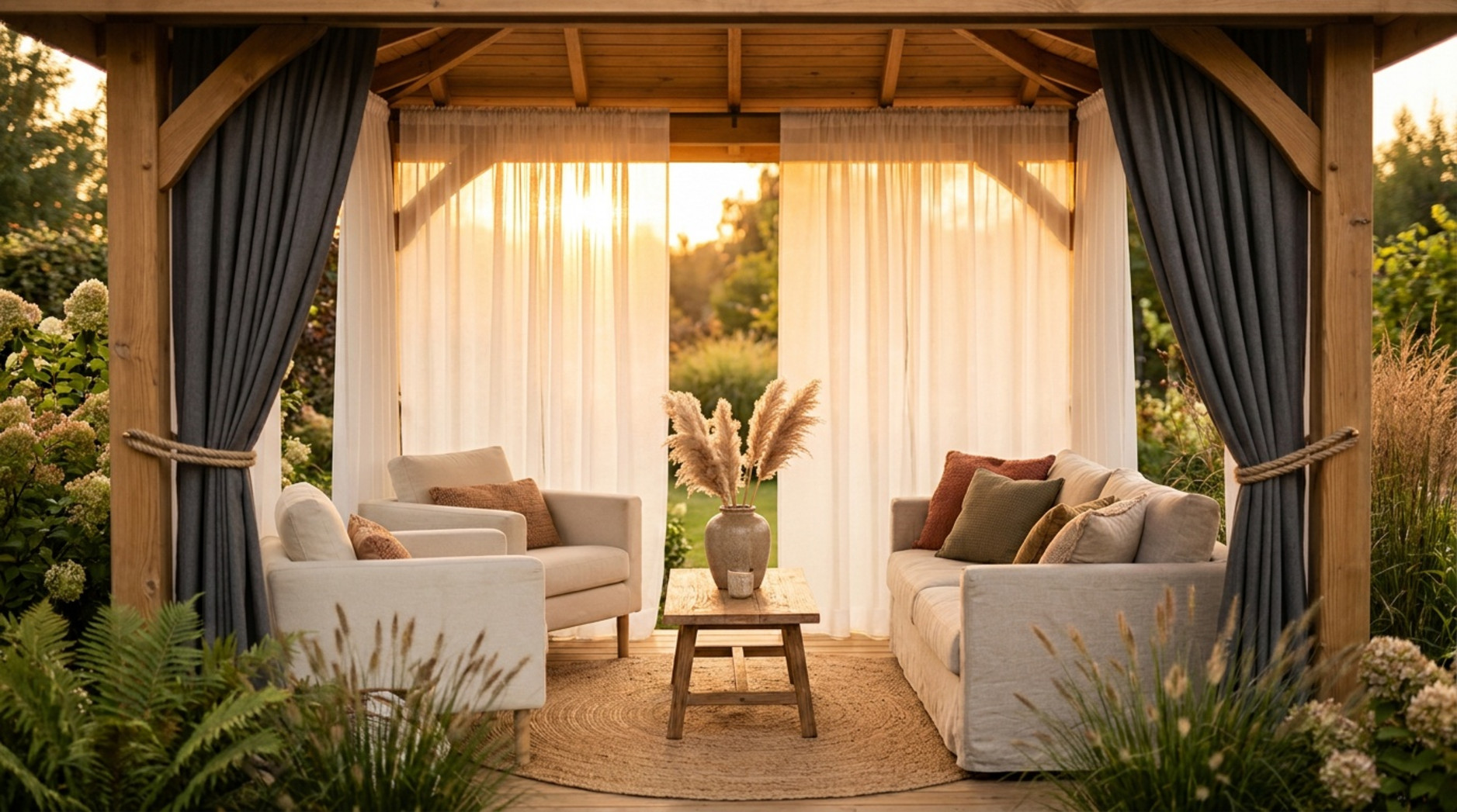 Wooden garden gazebo with sheer white curtains, dark outer drapes and neutral lounge furniture