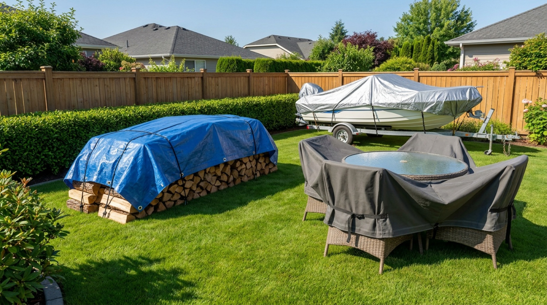 Garden furniture, stacked firewood and a boat protected with fitted covers and tarpaulins.