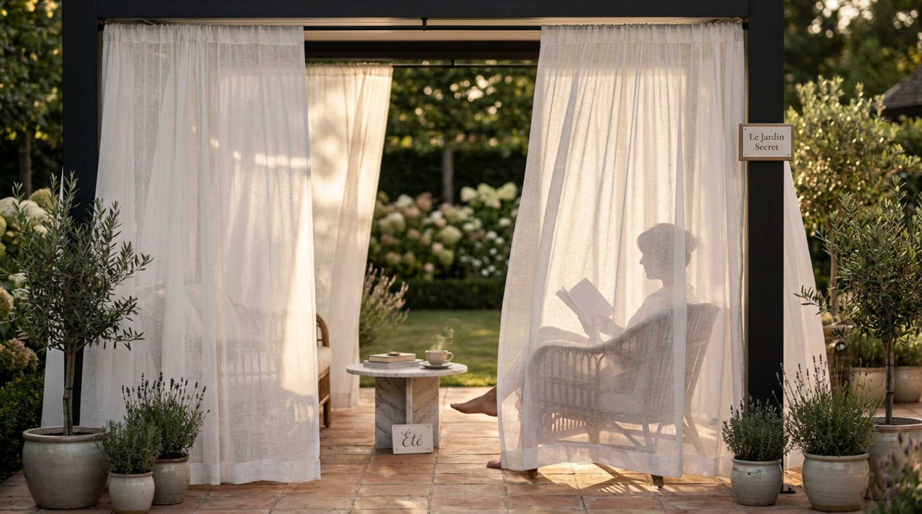 Femme lisant derrière des rideaux extérieurs transparents sous une pergola dans un jardin