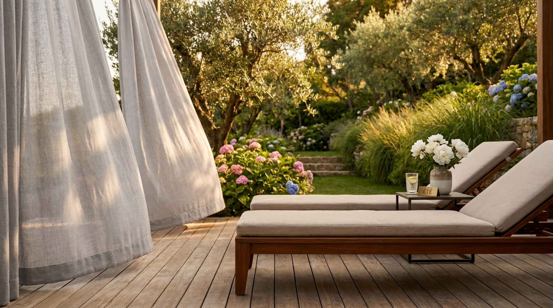 Deux transats avec coussins beiges sur une terrasse en bois bordée de rideaux légers et ouverte sur un jardin fleuri