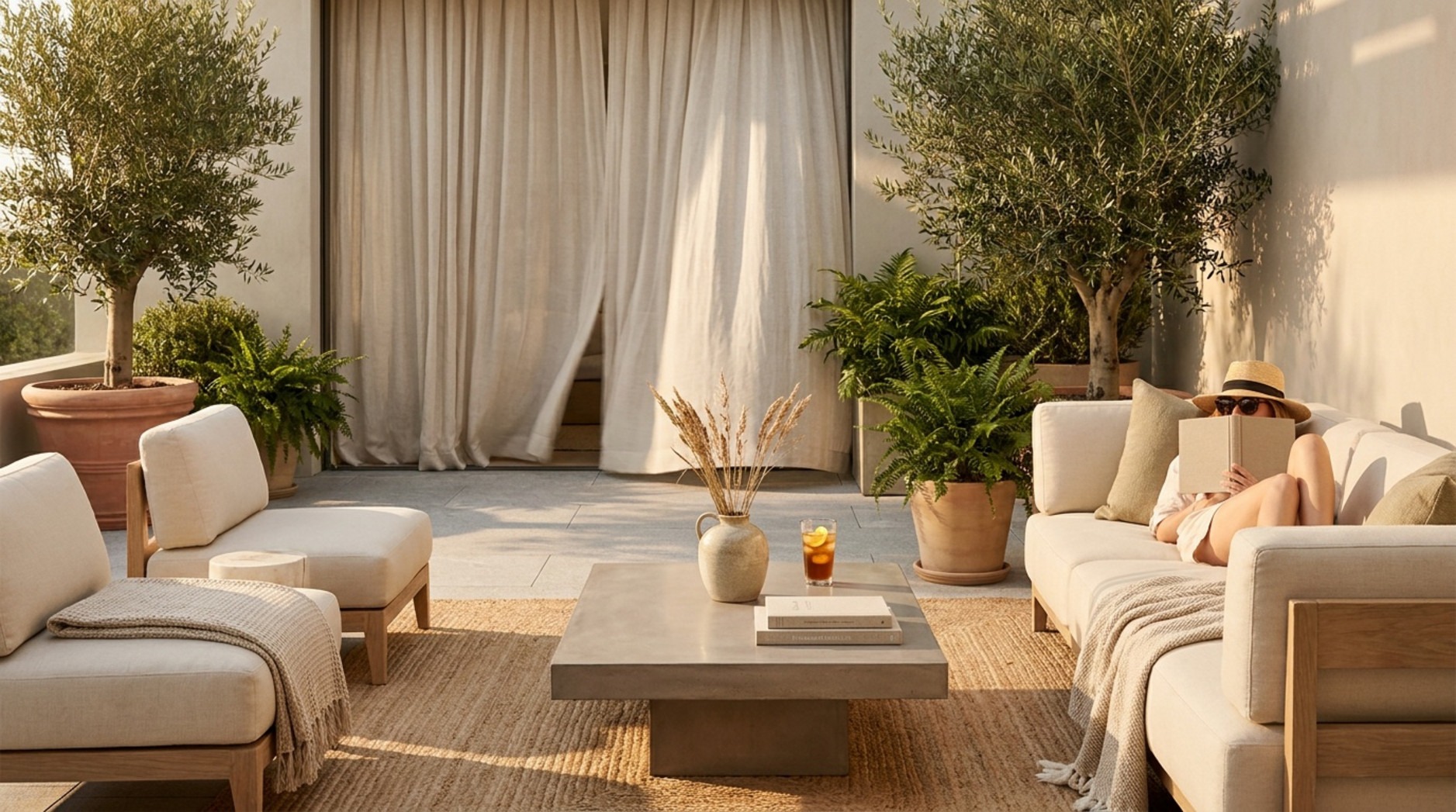 Salon de jardin épuré avec canapés beiges, tapis en jute et plantes en pots, créant une ambiance relaxante sur une terrasse ensoleillée.