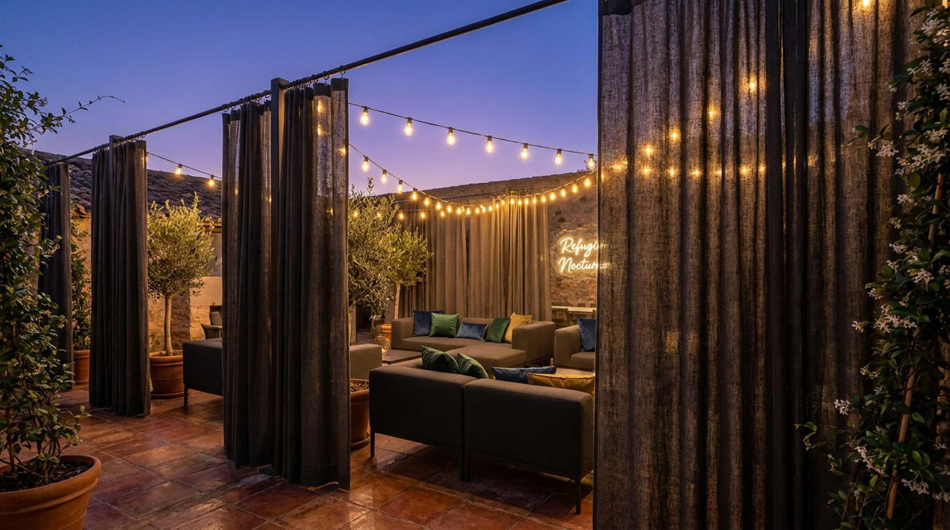 Terraza exterior con cortinas oscuras, sofás, plantas en macetas y guirnaldas de luces al anochecer.