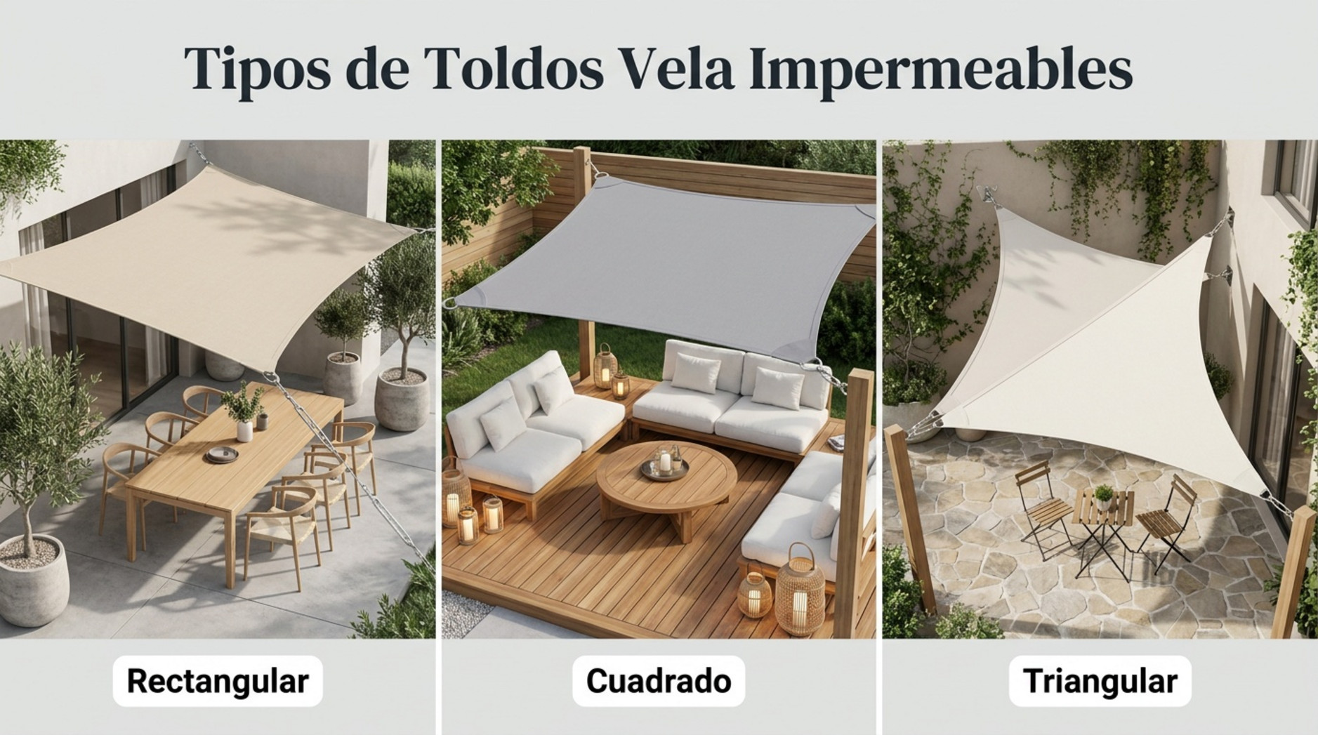 Comparación de toldos vela impermeables rectangulares, cuadrados y triangulares instalados en terrazas