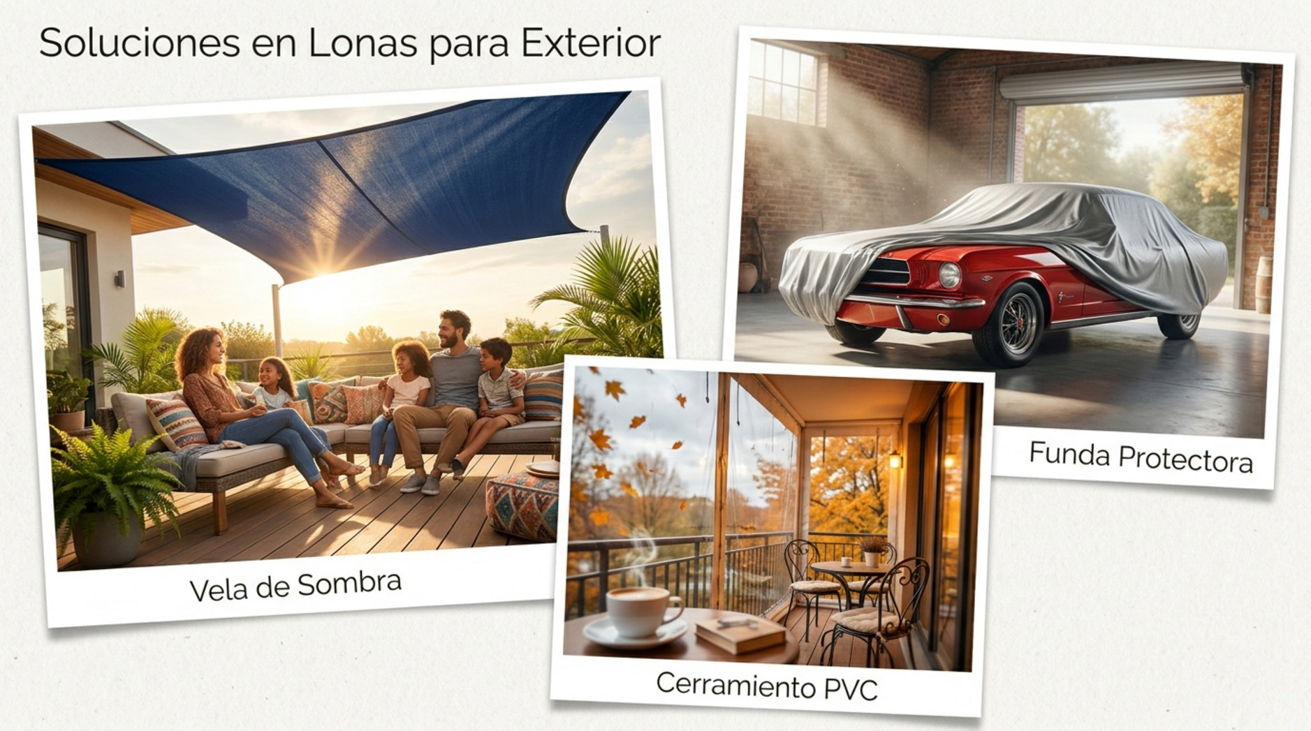  Composición con una vela de sombra, una funda protectora para coche y un cerramiento de PVC 