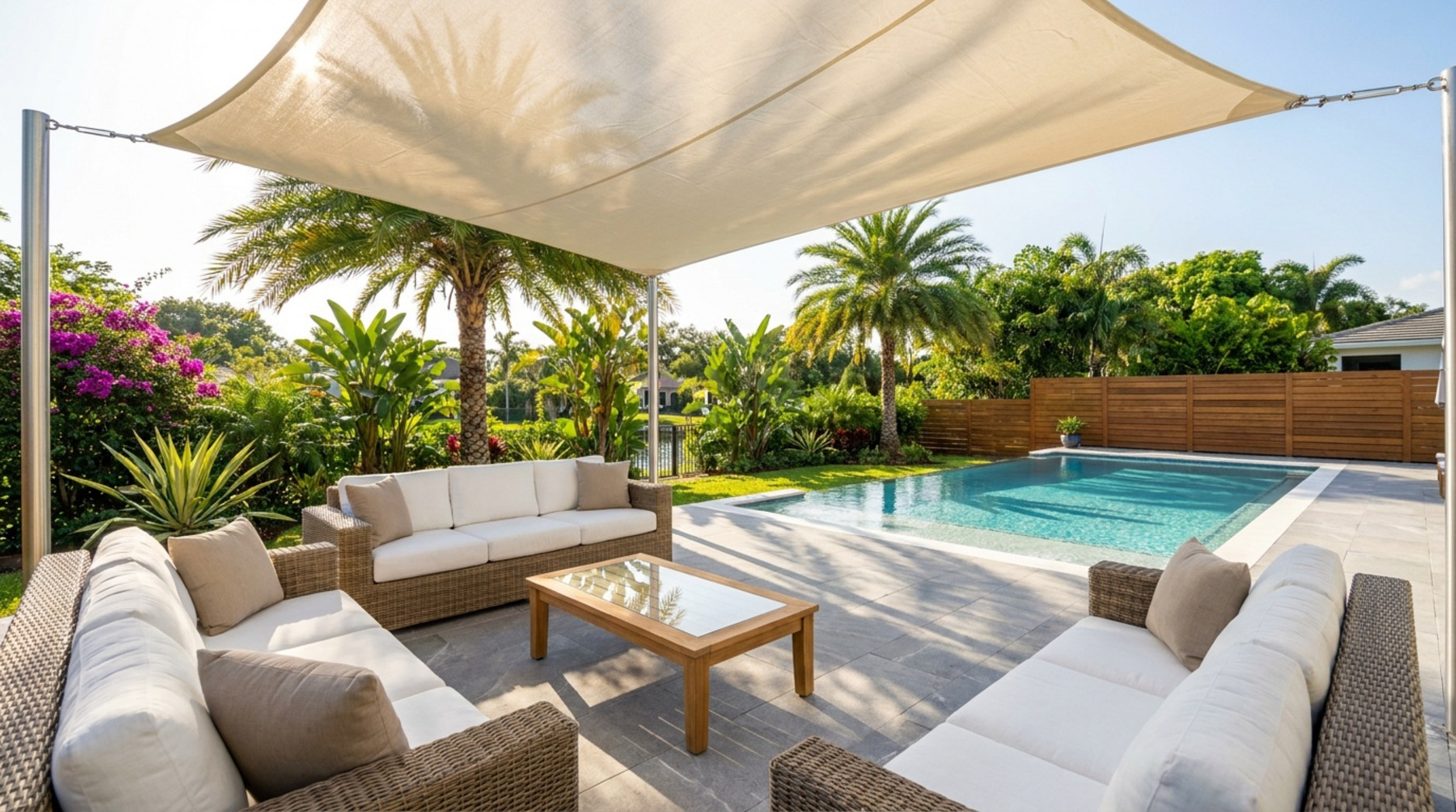 Vela de sombra beige instalada sobre una terraza con sofás de exterior junto a una piscina rodeada de vegetación.