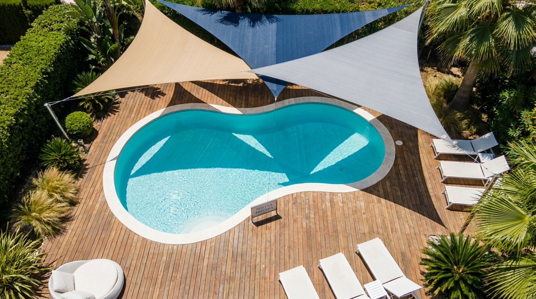 Vista aérea de una piscina rodeada por una tarima de madera y cubierta parcialmente con tres velas de sombra en tonos beige, azul y gris.