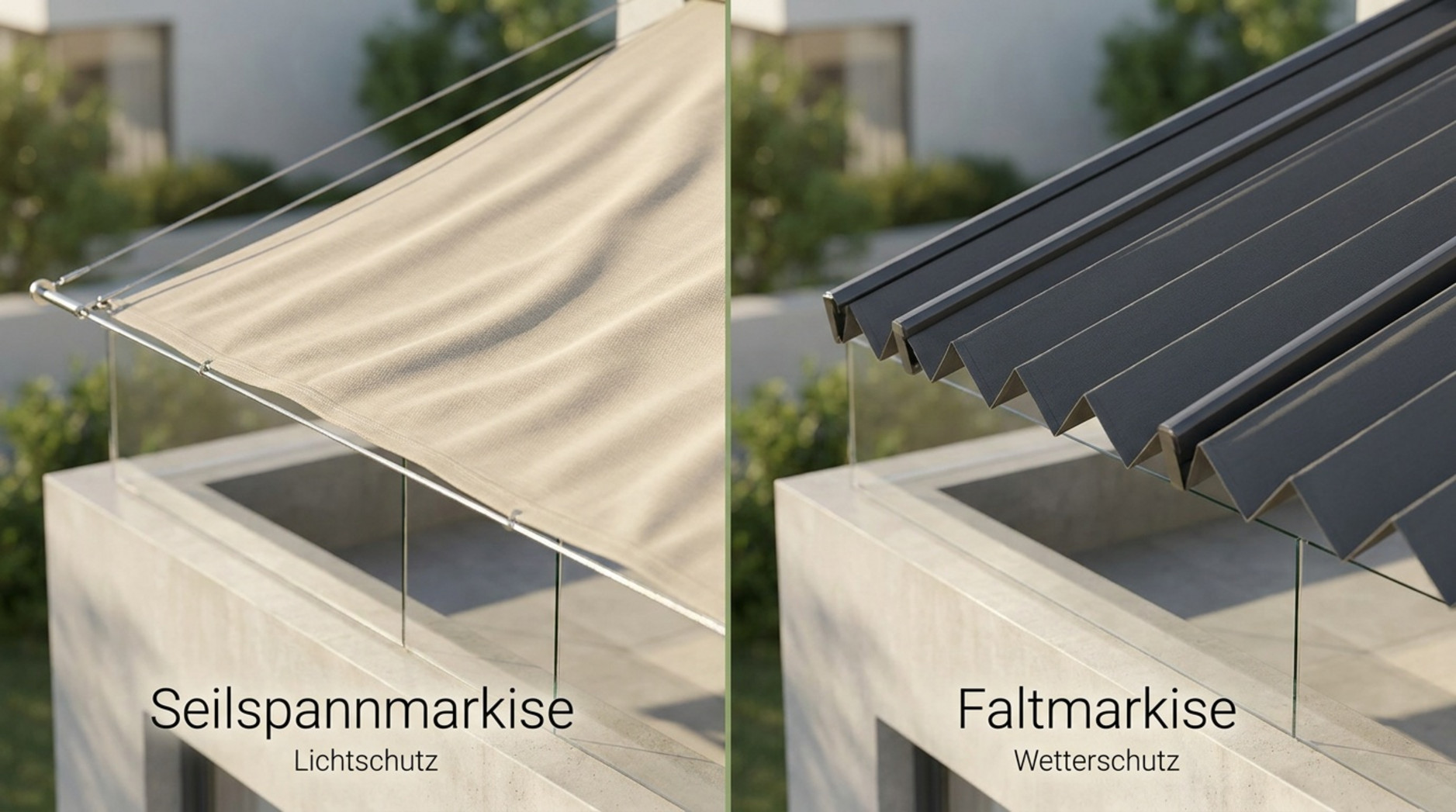 Vergleich einer hellen Seilspannmarkise mit einer dunklen Faltmarkise über einer modernen Terrasse
