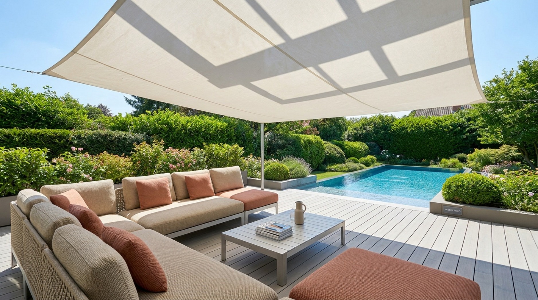Grande voile d'ombrage rectangulaire blanche protégeant un salon de jardin moderne situé sur une terrasse en bois près d'une piscine.