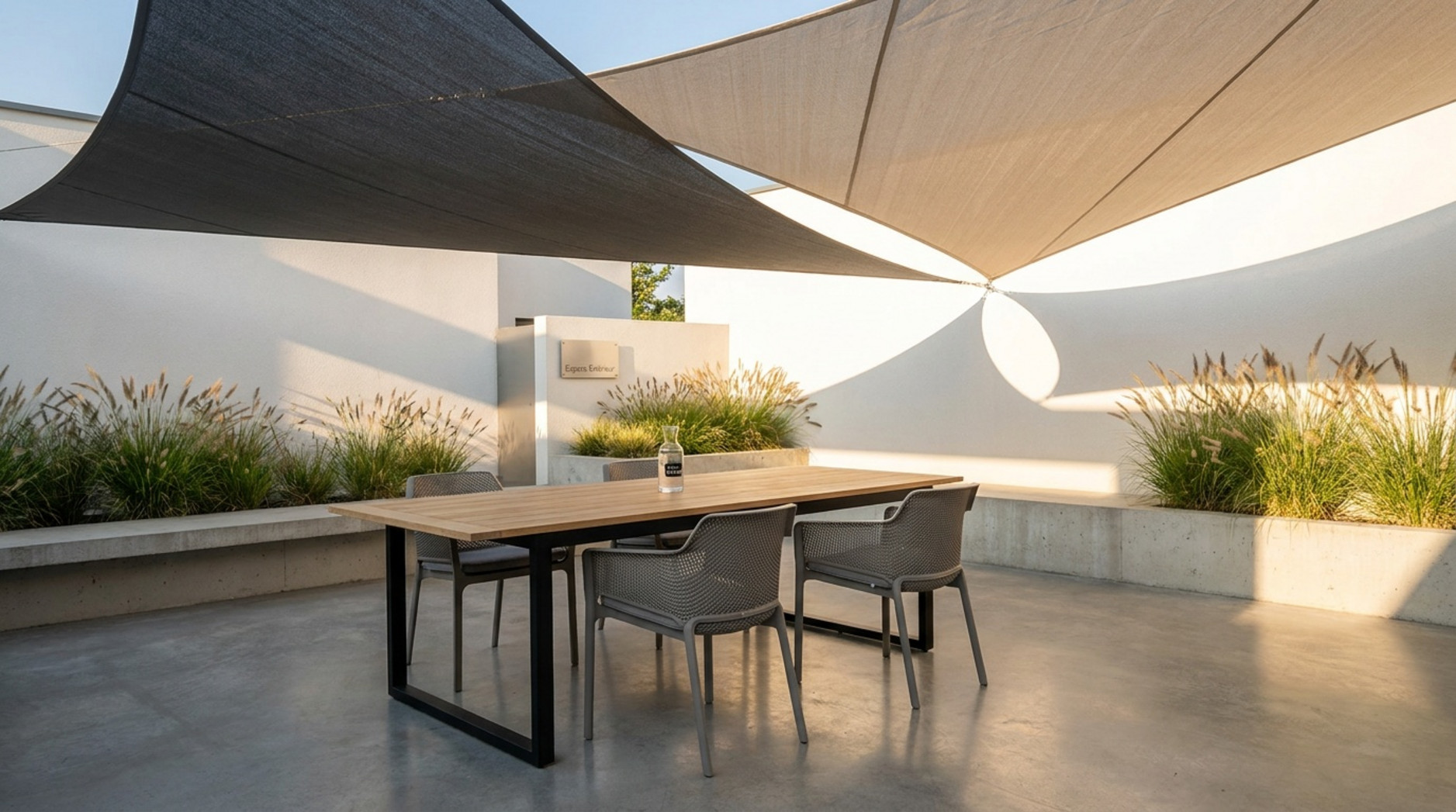 Voiles d'ombrage triangulaires grises et beiges superposées au-dessus d'une terrasse en béton avec table en bois et piètement noir, chaises grises et graminées le long de murs blancs