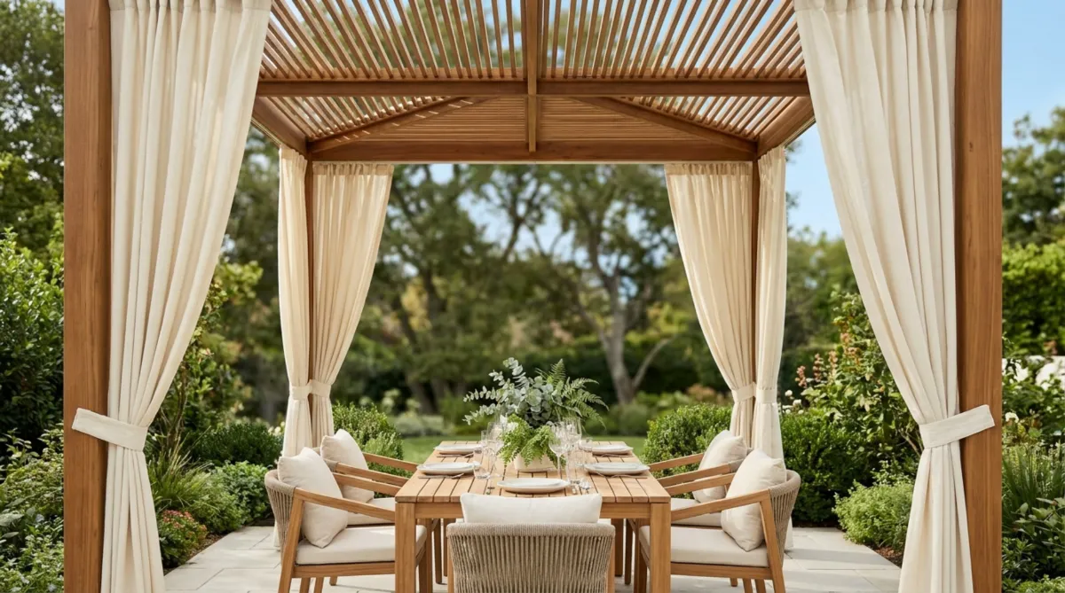 Wooden pergola with slatted roof, cream curtains and outdoor dining furniture