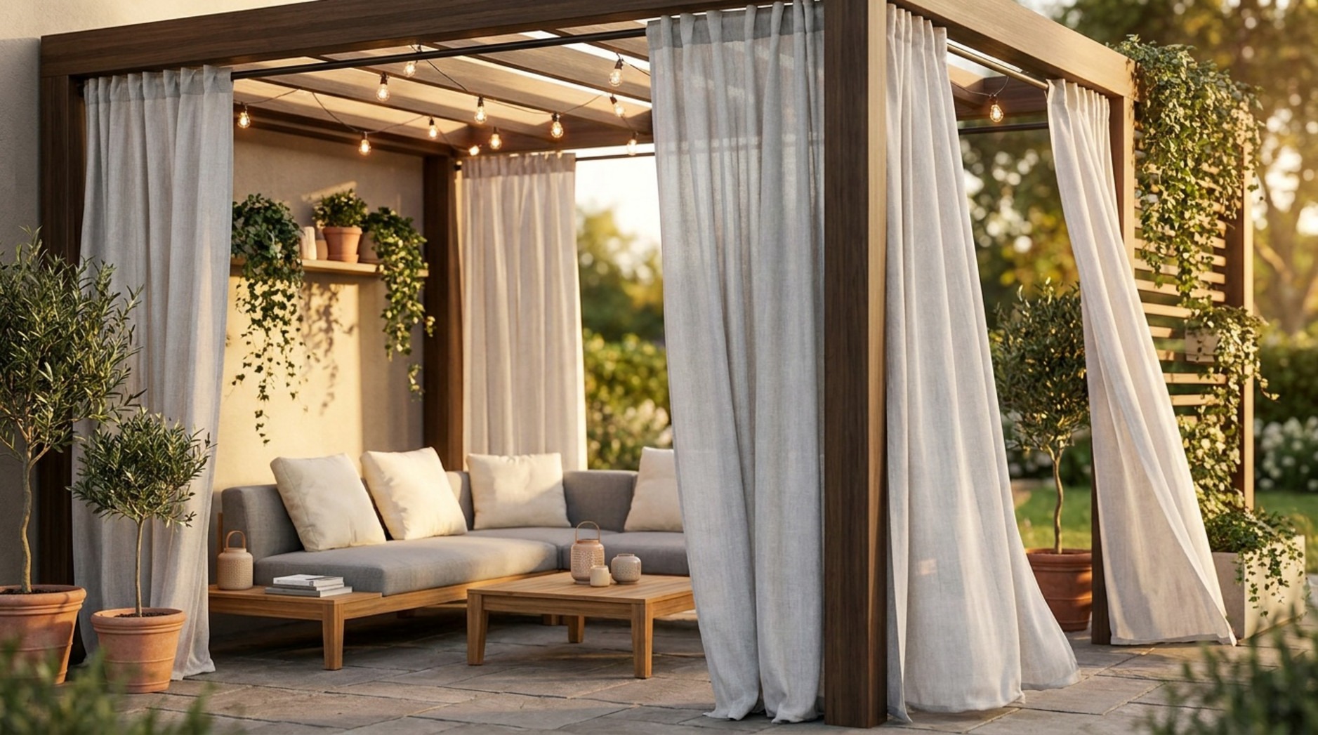A cozy outdoor patio featuring a wooden pergola, grey sectional sofa, and white curtains illuminated by string lights.
